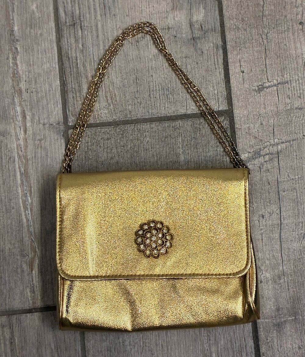 Vtg HL USA Harry Levine Gold Metallic Clutch Evening Bag Rhinestone Medallion EX